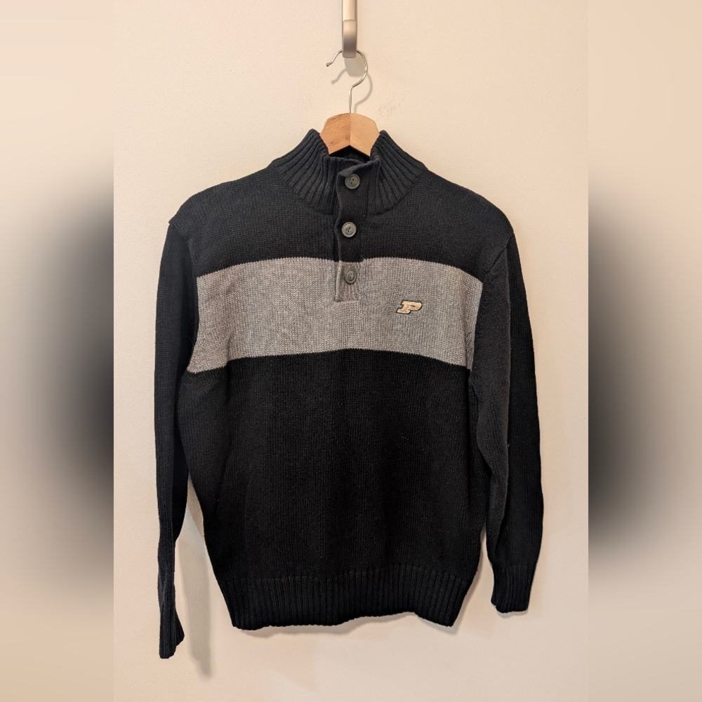 Purdue Men's Black and Gray Embroidered Logo Button Up Cotton Sweater Size Small